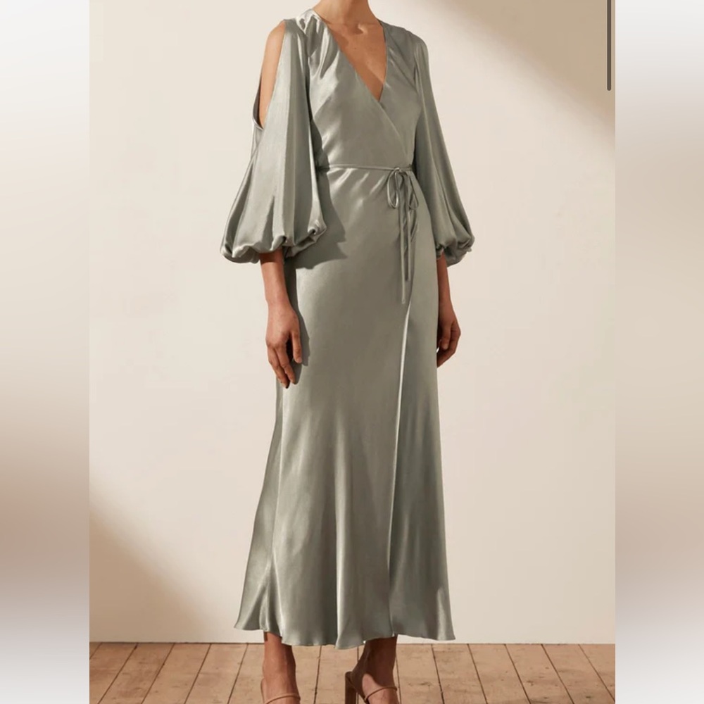Shona Joy LA LUNE FULL SLEEVE WRAP MIDI DRESS - SAGE - Sz 6